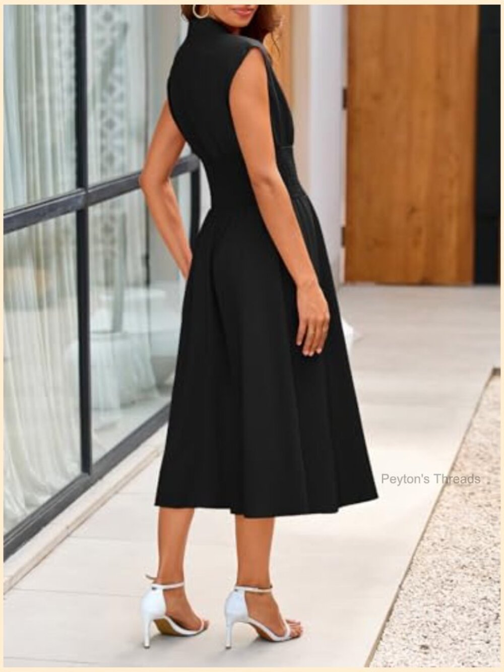 Smocked Midi Dress V Neck Cap Sleeve High Slit Flowy Casual Zipper Dress - Picture 4 of 7